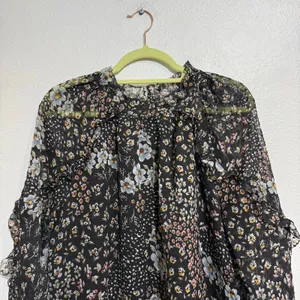 LOFT Black Floral Sheer Ruffle Sleeve Mock Neck Blouse Sz M thumbnail 3