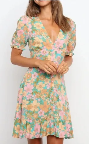 Petal + Pup Dress Womens 10 Multicolor Floral Puff Sleeve Ruffle Mini V Neck thumbnail 1