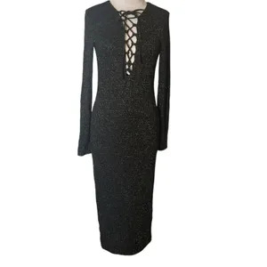 Bardot Romeo Lace Up Dress in Black and Gold midi‎ sz 8 thumbnail 3