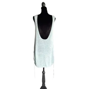 Knit Beach Cover Up Mini Dress Ruched Side Drawstring Scoop Back Light Blue thumbnail 3