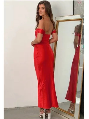 Beginning Boutique Ella Red Satin Maxi Dress Gown Slip Off Shoulder US 10 New thumbnail 6