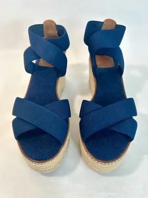 Tory Burch Frieda Espadrille Wedge Sandals in Navy Blue and Tan size 9 thumbnail 3