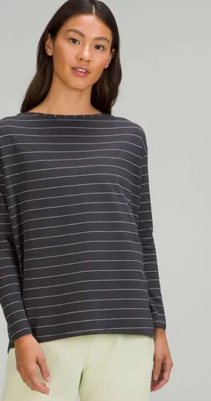 Lululemon Back in Action Long Sleeve Shirt Short Serve Stripe Graphite Grey Whit thumbnail 1
