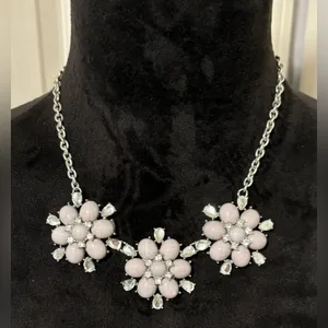 Blush Pink Rhinestone Floral Statement Necklace 3 Flower Bib thumbnail 1