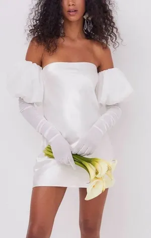 For Love & Lemons White Puff Sleeve Mini Dress Back Tie Satin Bridal Medium‎ NWT thumbnail 1