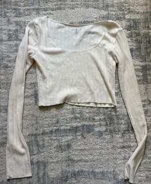 Brandy Melville Cream Waffle Knit Scoop Neck Long Sleeve Crop Top thumbnail 1