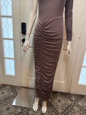 Club L London Brown Ruched Twist Bardot Maternity Midi Dress One-Shoulder Size 8 thumbnail 3