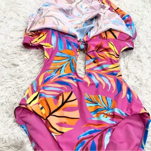 Macy’s Bar III Paradise In The Palms Cowl Neck One-Piece Swimsuit Pink‎ Medium thumbnail 4