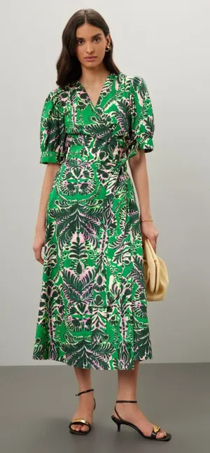 Marie Oliver Rita midi dress wrap kelly green print puff sleeve tie front cotton thumbnail 1