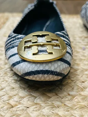 Tory Burch Reva Navy Blue White Striped Snake Skin Embossed Logo Ballet Flat 6.5 thumbnail 4