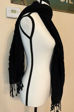 Pashmina Black Fringe Scarf Shawl Classic Knotted Fringe Detailed Hem thumbnail 1