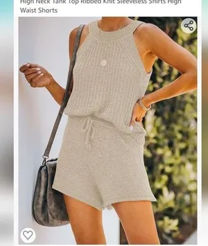 2 piece halter High Neck Tank Tank Ribbed, Knie Slevless shirt high wais… thumbnail 4