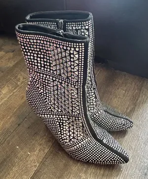 Jolimall Black Rhinestone‎ Mirror Studded Pointed Toe Stiletto Ankle Boots 8 thumbnail 1