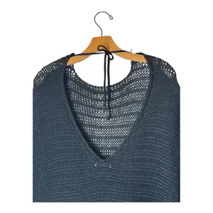 Zara Sweater Women Small Black Open Knit V Back Fringe Sides Short‎ Sleeve Tunic thumbnail 4