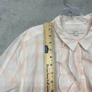 Loft Womens Shirt XL Orange White Plaid Button‎ Ruffle Cotton Top Ann Taylor thumbnail 5