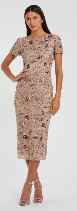 NWT MAC DUGGAL 10102 Beige Floral Embellished Short Sleeve Midi Dress Size 4 thumbnail 1