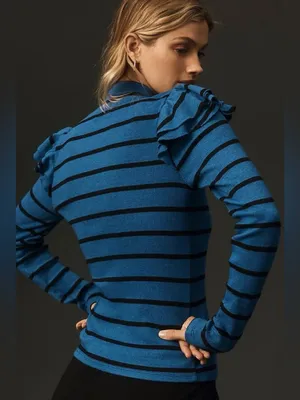 NWT Anthropologie T. La Ruffled turtleneck Top blue black minimalist fall chic M thumbnail 3
