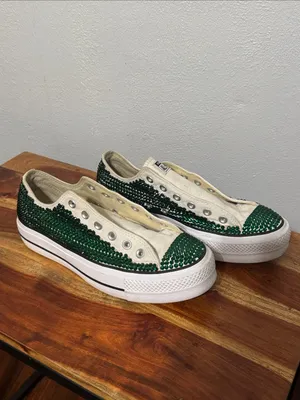 Custom Emerald Green Rhinestone Converse Lift Platform Low Tops Size 10 thumbnail 9