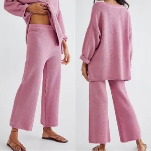 Free People Rose Pink Hailee Sweater Waffle Knit Wide Leg Cropped Pants Sz.L thumbnail 3