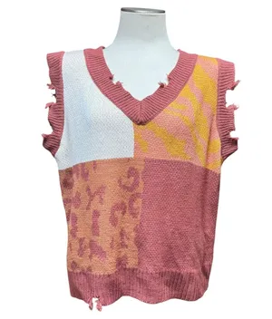 Umgee Wild Ride Sweater Vest Distressed V-Neck Red Brick Animal Print Small thumbnail 1
