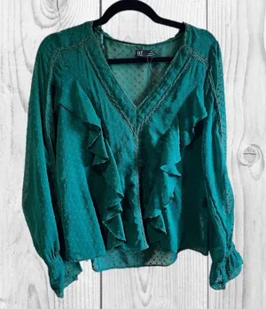 Zara Olive Green Ruffled V-Neck Blouse size‎ medium work career lightweight thumbnail 1