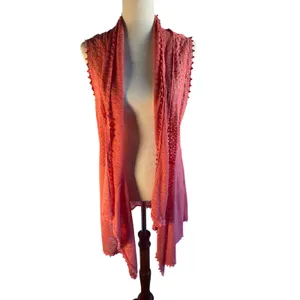 Coral Lace Crochet Long Vest Open Front Draped boho sleeveless thumbnail 7