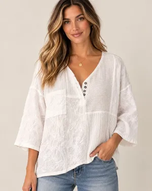 POL Women Top L White Boho Patchwork Floral Mesh Henley SMT2268B thumbnail 1