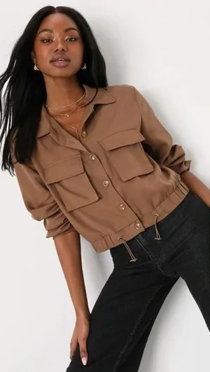 L Lulus Eldora Brown Cropped Utility Jacket Full Zip Top Safari Women's thumbnail 1