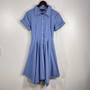 Ivy + Blu Striped‎ Shirt Dress Fit & Flare handkerchief hem Cotton Blue White 10 thumbnail 3