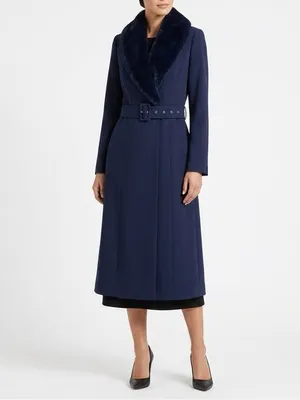 NEW Naked Wardrobe Navy Blue Faux Fur Collar Belted Long Coat Small Winter Lux thumbnail 10