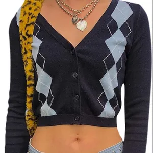 Brandy Melville Argyle Cropped ButtonFront Cardigan Sweater VNeck Womens OS Blue thumbnail 1