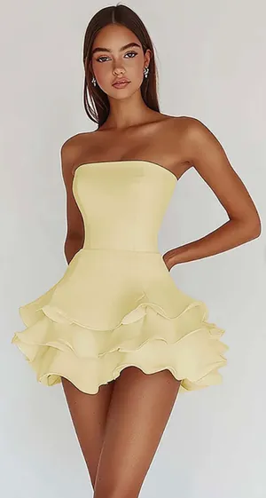 * satin light yellow A line strapless homecoming dress with ruffles size 4 thumbnail 1