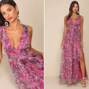 LULU's Floral Sexy Flowy Prom Wedding Chic Elegant Magenta Maxi Dress thumbnail 2