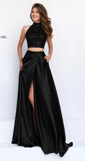 NWT Sherri Hill 11330 Black Two Piece Halter High Slit Prom Gown Dress Sz 4 $498 thumbnail 1