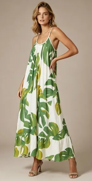NWOT Farm Rio Linen Blend Green Leaf Print Sleeveless Maxi Dress Size S thumbnail 1