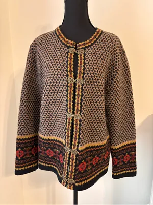 Vintage Skyr 100% Wool Nordic Fair Isle Cardigan Sweater M Clasp Apres Ski Brown thumbnail 1