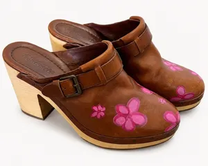 Madewell Leather Floral Clog Mules Women's 9 Brown Pink Wood Heel Y2K Boho thumbnail 1
