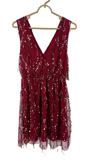 Southern fried chics deep red Sequined V-Neck and back sequin fringe L dress thumbnail 1