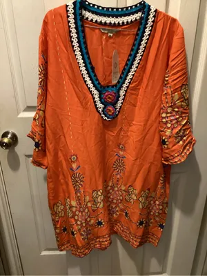 Embroidered Orange V-Neck Women’s Dress thumbnail 1