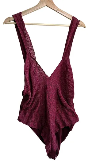 Vintage Movie Star Lace Bodysuit L Burgundy Womens V-Neck Lingerie USA Made thumbnail 1