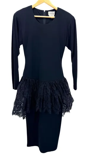 Kathryn Conover Vintage Black Drop Waist Lace Peplum Midi Dress Long Sleeve Sz 6 thumbnail 1