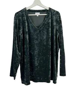 J. Jill Sz M Crushed Velvet Blouse V-Neck Shirred Back Long Sleeve Green Holiday thumbnail 2