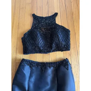 Morilee Dress Set Womens 12 Black Beaded Halter Crop Top Long Skirt Formal Prom thumbnail 2