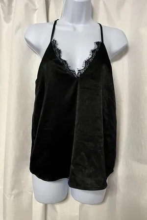 Lucy Paris Women’s Black Satin Silk V Neck Lace Racerback Top Size XS thumbnail 1