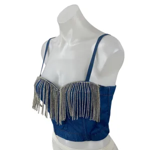 Women's Blue Fringe Rhinestone Corset Bustier Sleeveless Denim Crop Top Size 8 thumbnail 2