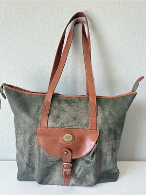 Mark Cross Vintage Army Green Leather Large Tote Shoulder Bag 19”x15” thumbnail 1