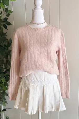 Baby Pink Cable Knit Cashmere Sweater Women's Crewneck Preppy Style thumbnail 1
