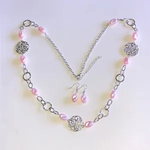 Silver Tone Filigree & Pink Faux Pearl Necklace and Earring Set thumbnail 2