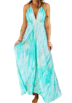 Tie Dye Print Lace-up Halter Open Back V Neck Maxi Dress, Size XL thumbnail 1