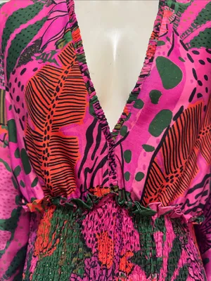 Farm Rio Boho Cool Leopards Mini Dress V-Neck Smocked Mini Dress Size Large thumbnail 5